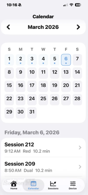 Rejuv app — Calendar view showing session history across dates