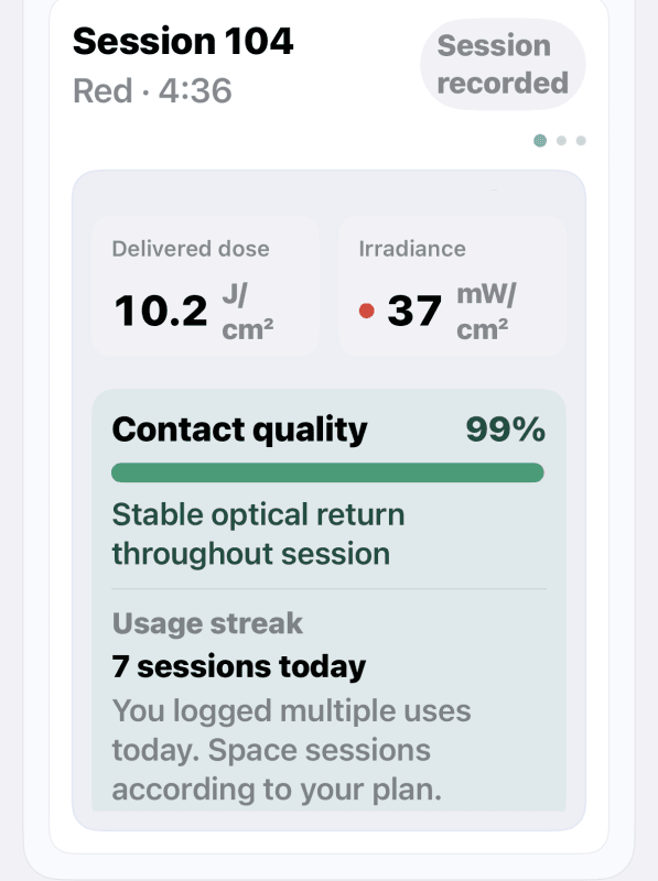 Session summary — Session 212, R Mode, Quality 100%, Stable optical return