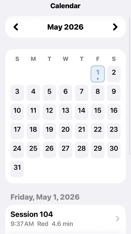 Calendar view — session history for March 2026