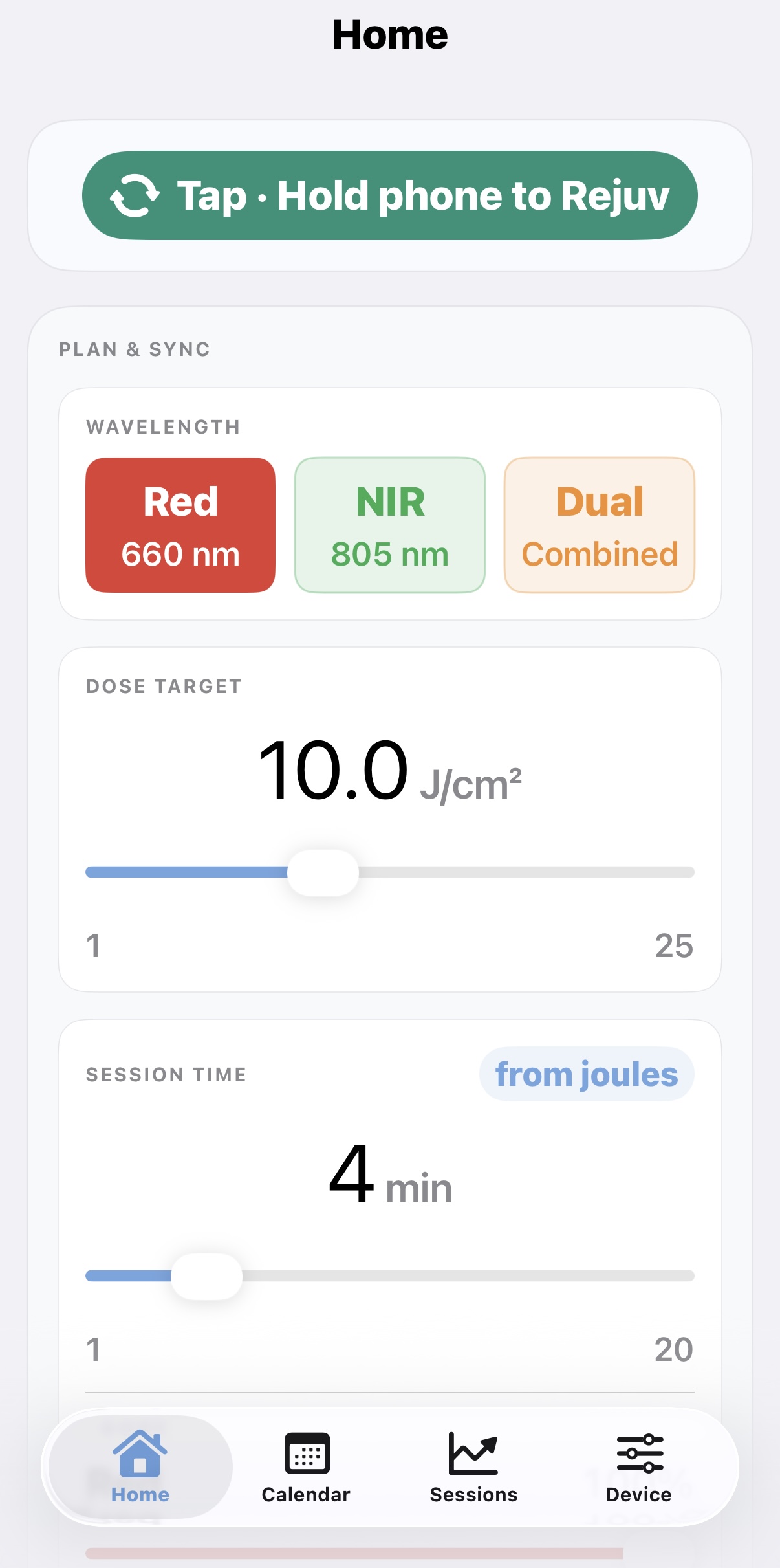 Rejuv app — dose target set to 10.0 J/cm², session time calculated from joules